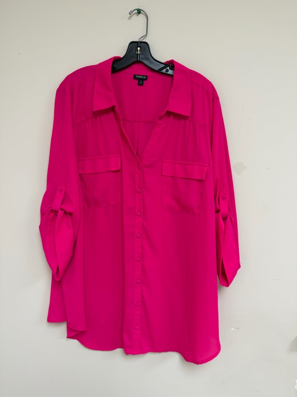 torrid pink Button-Front Roll-Sleeve Blouse